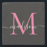 Modern Zwart Roze Monogram Vrouwelijk Script Naam Stenen Onderzetter<br><div class="desc">Elegant zwart Magenta Hot Pink Monogram Vrouwelijk Script Naam Stone Onderzetter</div>