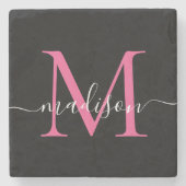 Modern Zwart Roze Monogram Vrouwelijk Script Naam Stenen Onderzetter (Voorkant)