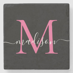 Modern Zwart Roze Monogram Vrouwelijk Script Naam Stenen Onderzetter