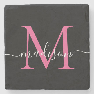 Modern Zwart Roze Monogram Vrouwelijk Script Naam Stenen Onderzetter