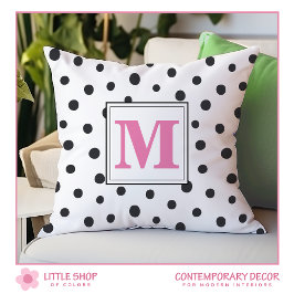 Modern zwart roze polka dots monogram kussen