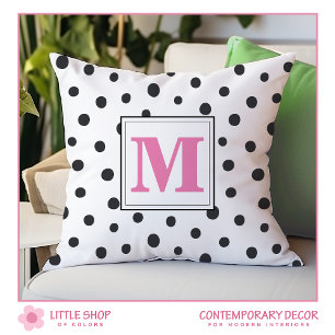 Modern zwart roze polka dots monogram kussen