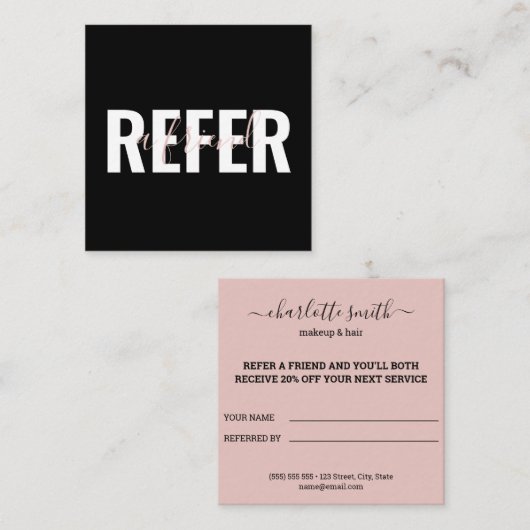 Modern zwart-roze wit Verwijs een vriend Aanbevelingskaartje (Voorkant / Achterkant)