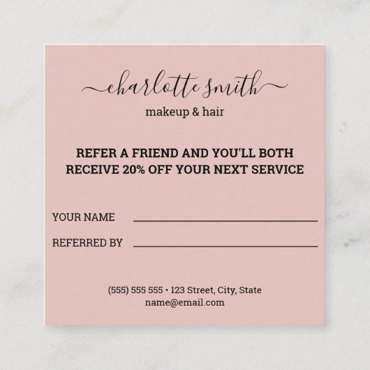 Modern zwart-roze wit Verwijs een vriend Aanbevelingskaartje (Achterkant)