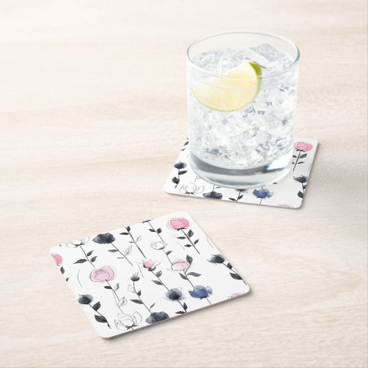 Modern zwart rozen patroon kartonnen onderzetters (Insitu)