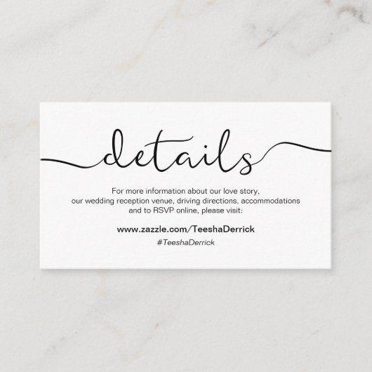 Modern zwart rustiek lettertype, Wedding Details,  Informatiekaartje (Voorkant)