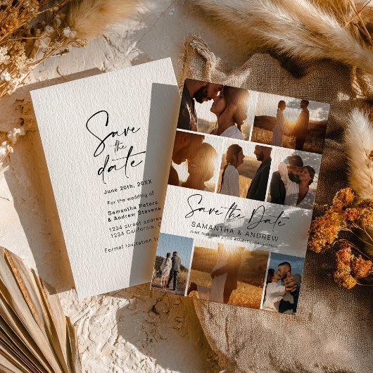 Modern zwart save the date 8 foto grid collage