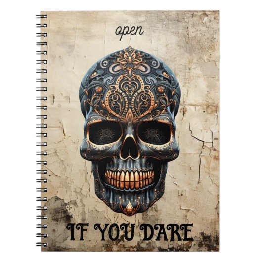 Modern  Zwart Schedel Oud Papier Custom Quote Notitieboek (Voorkant)