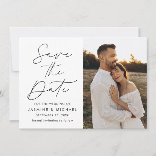 Modern zwart script 2 foto save the date (Voorkant)