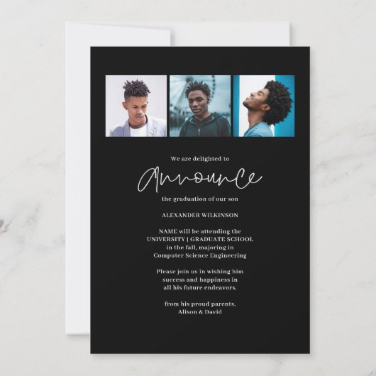 Modern Zwart Script 4 Foto Eenvoudig Afstuderen Aankondiging (Achterkant)