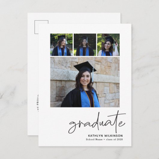 Modern zwart Script 4 Photo Collage Afstuderen Aankondigingskaart (Voorkant / Achterkant)
