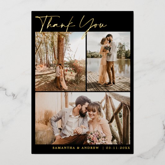 Modern zwart script 6 foto's bruiloft folie uitnodiging (Voorkant)