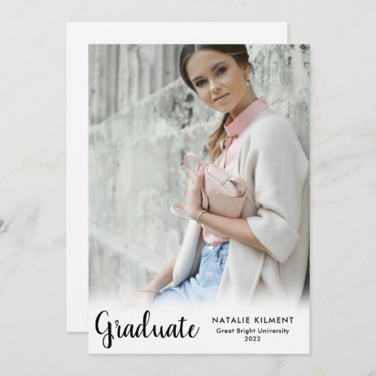 Modern zwart script Afstuderen foto-Afstuderen Aankondiging (Voorkant / Achterkant)