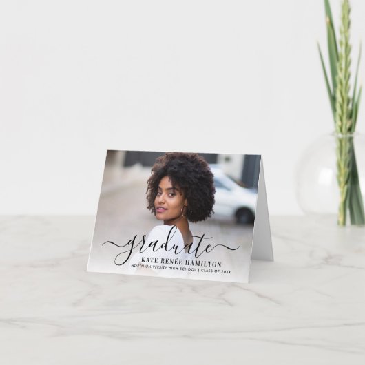 Modern zwart script Afstuderen foto-Afstuderen Bedankkaart (Voorkant)