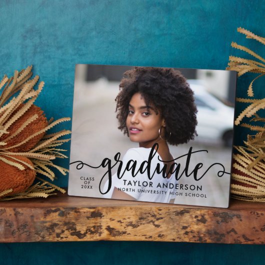 Modern zwart script Afstuderen foto-Afstuderen Fotoplaat (Zijkant)