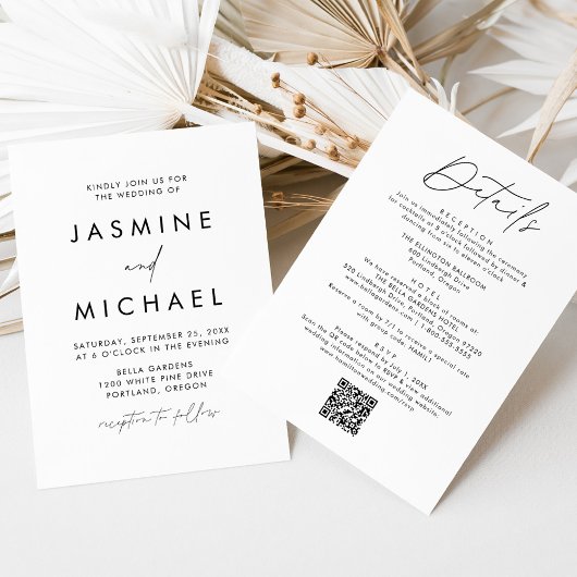 Modern zwart script alles in één QR code bruiloft Kaart
