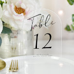 Modern zwart script bruiloft acryl tafel nummer acryl uitnodigingen<br><div class="desc">Eenvoudige, elegante, minimalistische handgeschreven zwarte kalligrafie script huwelijksreceptie gepersonaliseerde duidelijke transparante (of ondoorzichtige matte) tafelkaart. LET OP: om verschillende nummers te bestellen moet je ze aanpassen en één voor één in het winkelwagentje stoppen (één kaart met nr. 1, een andere met nr. 2, etc). Je kunt de kleur van tekst...</div>