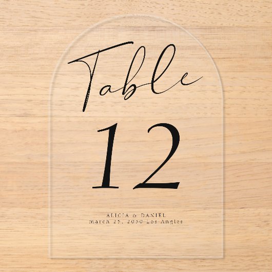 Modern zwart script bruiloft acryl tafel nummer acryl uitnodigingen (Voorkant)