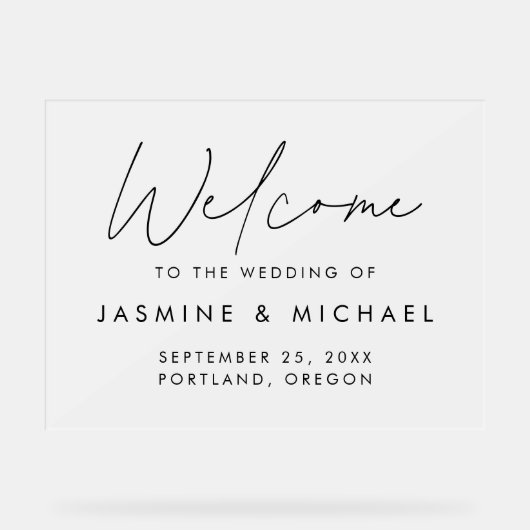 Modern Zwart Script Bruiloft Welkom Frosted Acryl Bord (Voorkant)