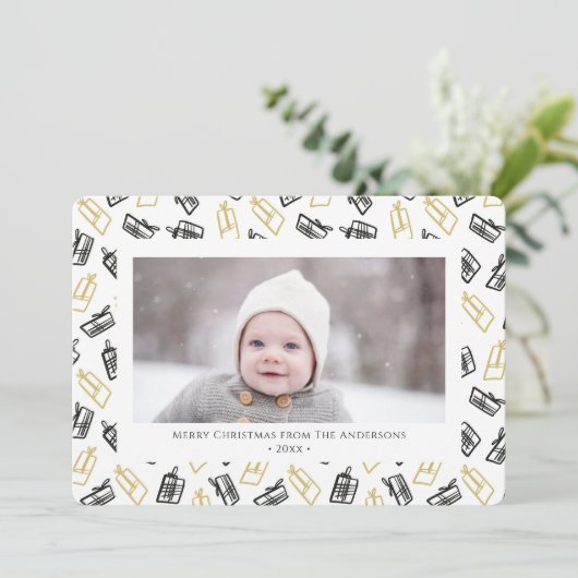 Modern zwart Script Cute Gold Black Giften Pattern Feestdagenkaart (Staand voorkant)