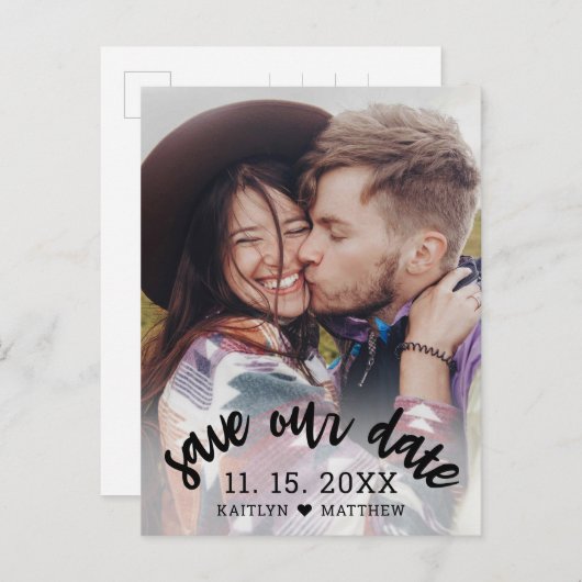 Modern Zwart Script Foto Bruiloft Save Our Date Aankondigingskaart (Voorkant / Achterkant)