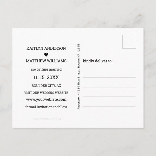 Modern Zwart Script Foto Bruiloft Save Our Date Aankondigingskaart (Achterkant)