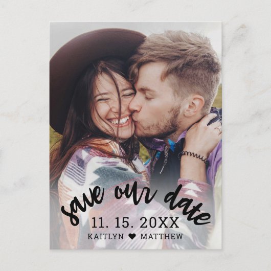 Modern Zwart Script Foto Bruiloft Save Our Date Aankondigingskaart (Voorkant)