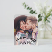 Modern Zwart Script Foto Bruiloft Save Our Date Aankondigingskaart (Staand voorkant)