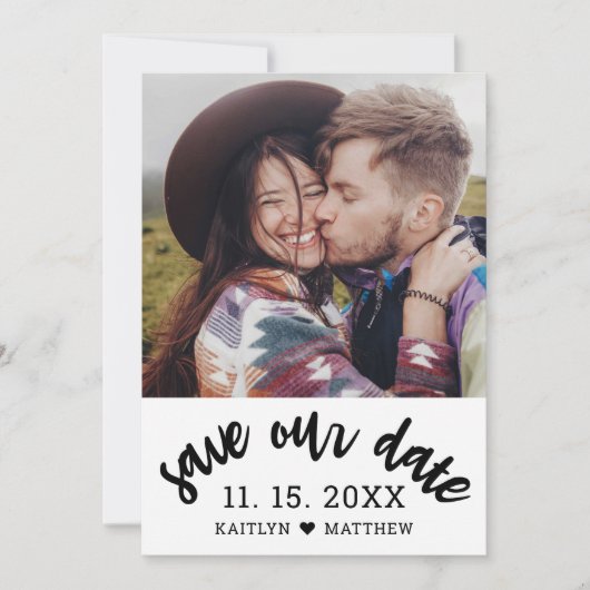 Modern zwart script foto minimalistische bruiloft save the date (Voorkant)