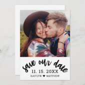 Modern zwart script foto minimalistische bruiloft save the date (Voorkant / Achterkant)