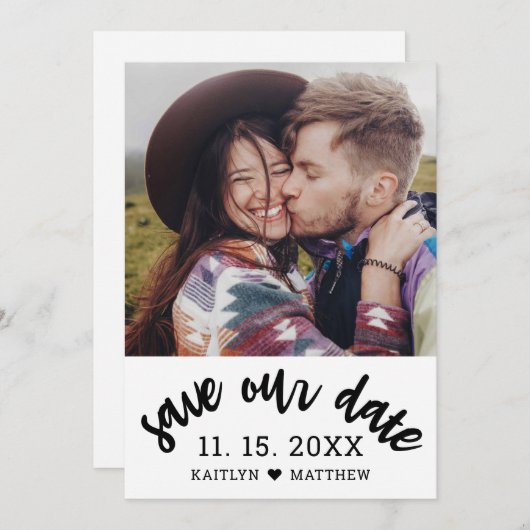 Modern zwart script foto minimalistische bruiloft save the date (Voorkant / Achterkant)