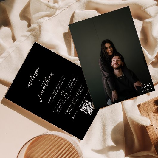 Modern Zwart Script Foto Monogram QR code Bruiloft Kaart