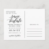 Modern Zwart Script Fotocollage De datum opslaan Aankondigingskaart (Achterkant)