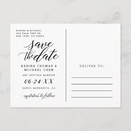 Modern Zwart Script Fotocollage De datum opslaan Aankondigingskaart (Achterkant)