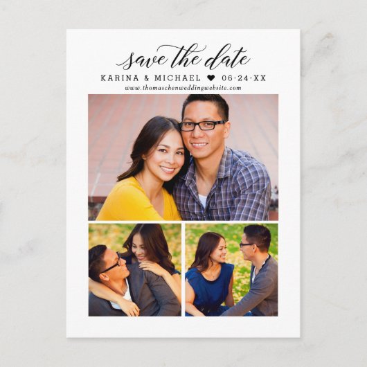 Modern Zwart Script Fotocollage De datum opslaan Aankondigingskaart (Voorkant)