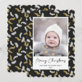 Modern zwart script Gold Pine Mistletoe Kerstmis Feestdagenkaart (Voorkant / Achterkant)