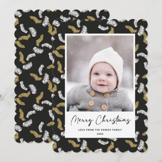 Modern zwart script Gold Pine Mistletoe Kerstmis Feestdagenkaart (Voorkant / Achterkant)