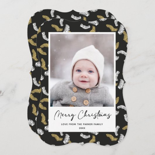 Modern zwart script Gold Pine Mistletoe Kerstmis Feestdagenkaart (Voorkant / Achterkant)