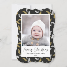 Modern zwart script Gold Pine Mistletoe Kerstmis