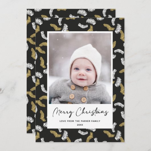 Modern zwart script Gold Pine Mistletoe Kerstmis Feestdagenkaart (Voorkant / Achterkant)