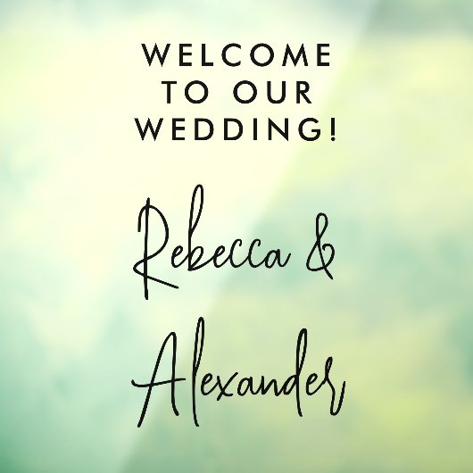 Modern zwart script koppels namen bruiloft welkom raamsticker (Vel 3)