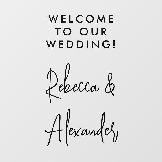 Modern zwart script koppels namen bruiloft welkom raamsticker (Vel)