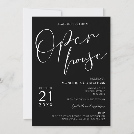 Modern Zwart Script Logo Business Open Huis Kaart (Voorkant)