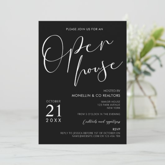 Modern Zwart Script Logo Business Open Huis Kaart (Staand voorkant)
