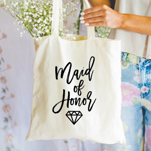 Modern Zwart Script Maid of Honor Diamond Tote Bag