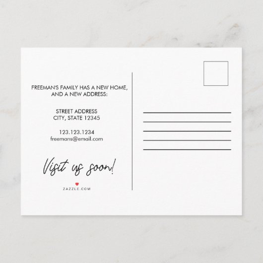 Modern zwart script New House Warming Foto Aankondigingskaart (Achterkant)