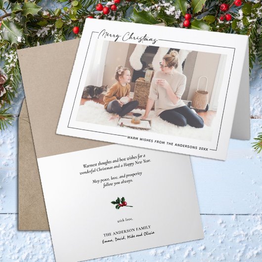 Modern zwart script op beige minimalistische foto feestdagen kaart