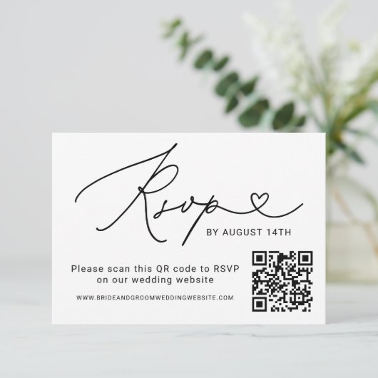 Modern zwart Script QR-code bruiloft RSVP Kaartje (Staand voorkant)