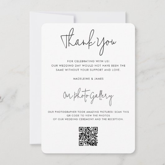 Modern Zwart Script QR Code Fotogalerij Bruiloft Bedankkaart (Voorkant)