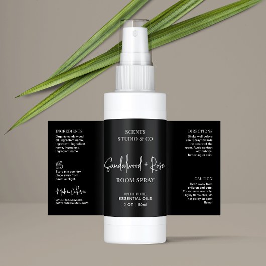 Modern Zwart Script Room Spray Flessenwikkelaar Etiket
